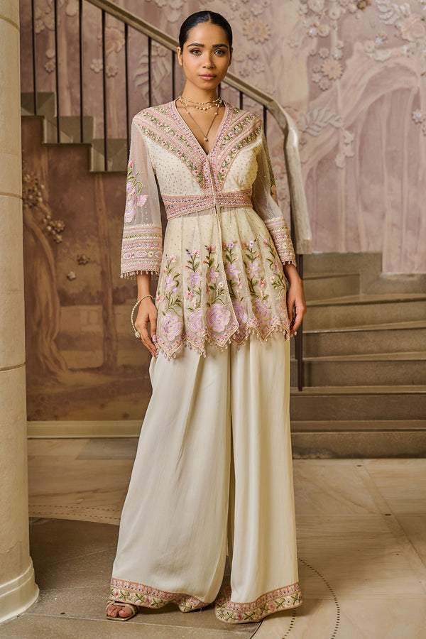 White Embroidered Sharara Suit Set In Georgette Latest 4881SL04